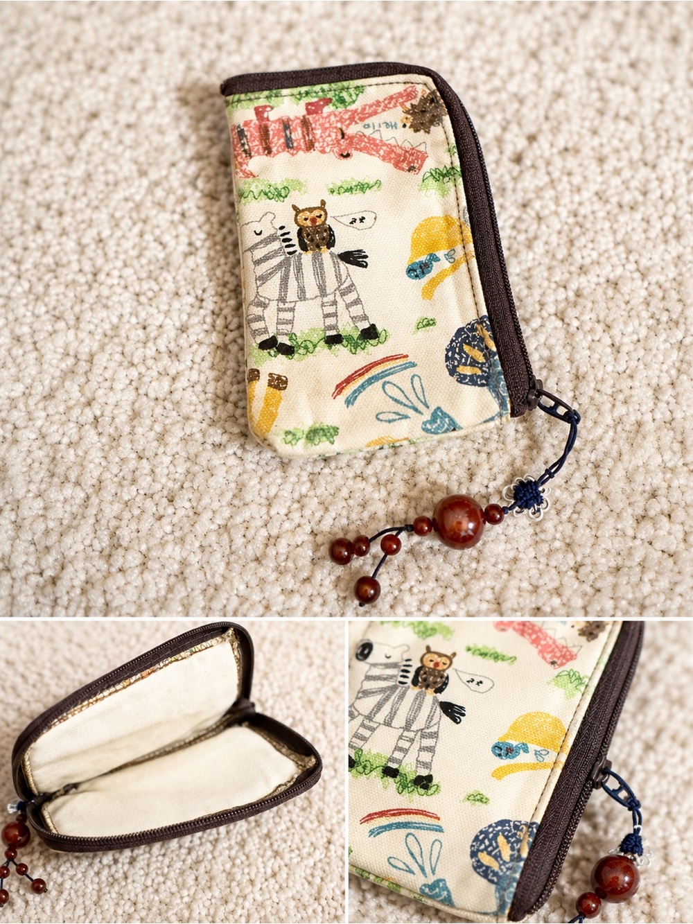 Cream Cartoon Zip Wallet with Brown Trim water resistant